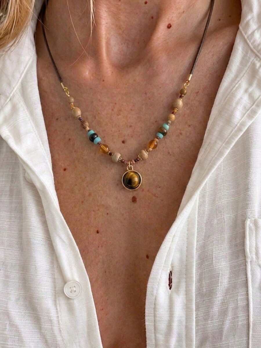 1件復古梅納圓虎眼石串珠項鍊,女士奢華小眾高端毛衣鍊飾項鍊,適合女性日常佩戴與送禮 - 彩色 - 查看 1