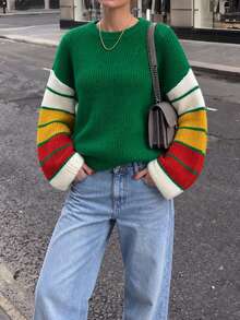 Plus Size Women's Crew Neck Long Sleeve Colorblock Striped Pullover Sweater - Emerald Green - View 4