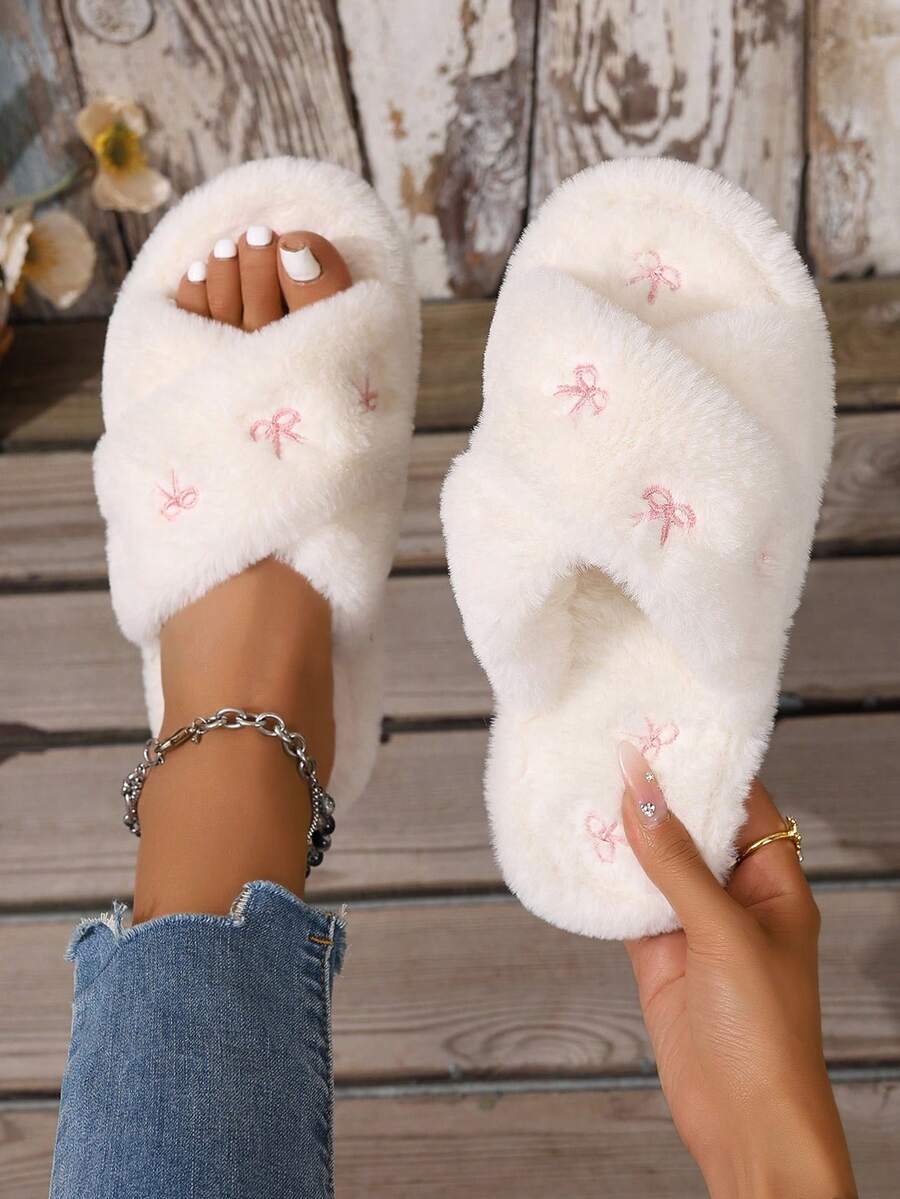 女款居家刺繡蝴蝶結布面室內平底毛絨拖鞋，四季可穿