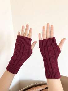 1 Pair Women's Warm Knitted Fingerless Gloves, Suitable For Autumn, Winter And Summer - Burgundy - View 5