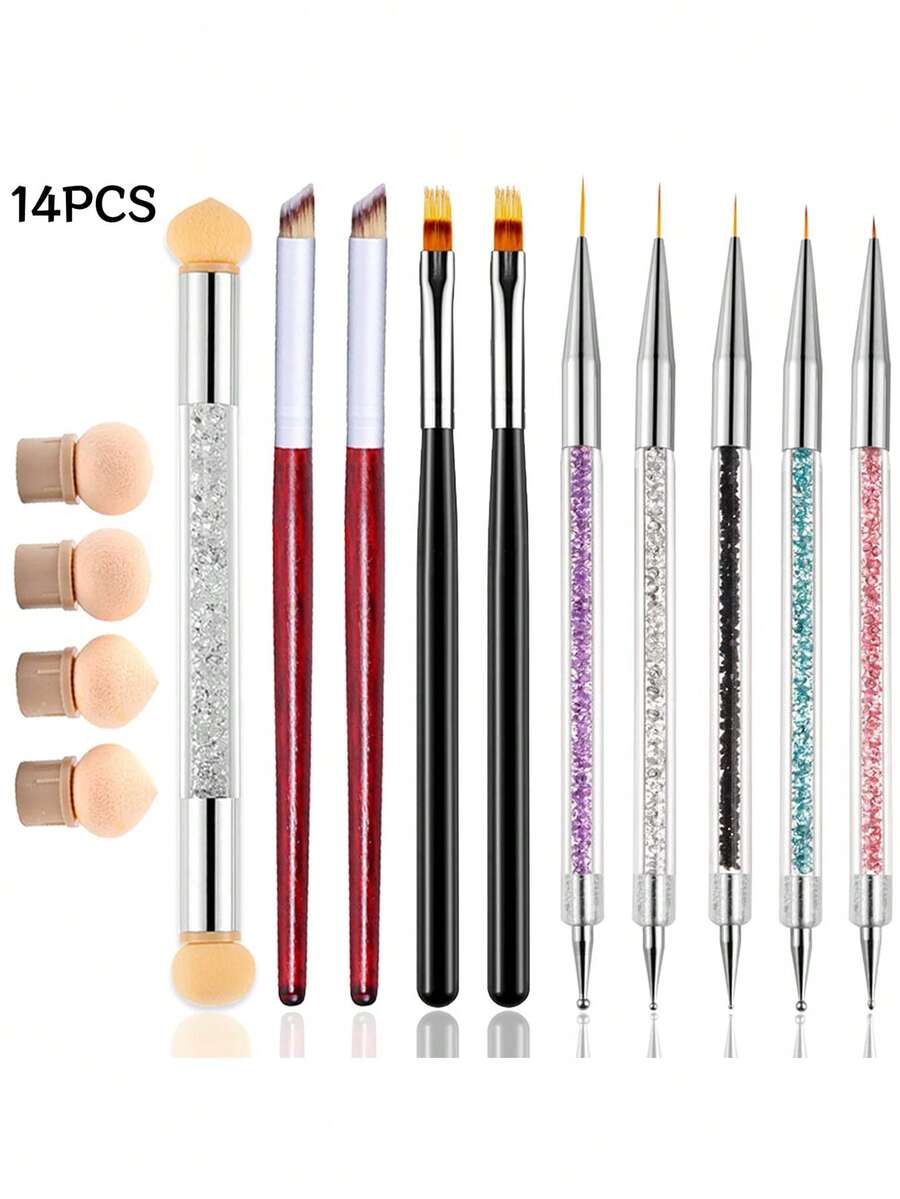 14 Pieces Nail Art Brush Set, Sponge Gradient Pens, Ombre Brushes And Liner Pens, Multi Function Manicure Drawing Tools - Multicolor - View 1
