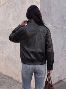 Winter New Premium American Retro Long Sleeve Stand Collar Jacket Motorcycle Top - Black - View 2