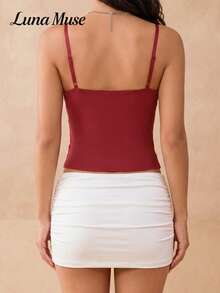 Áo camisole corset ren có cúp đệm tích hợp, dây quai mảnh, co giãn cao, ôm sát tôn dáng, áo mặc lớp trong cho mùa Thu/Đông - Đỏ - Xem 5
