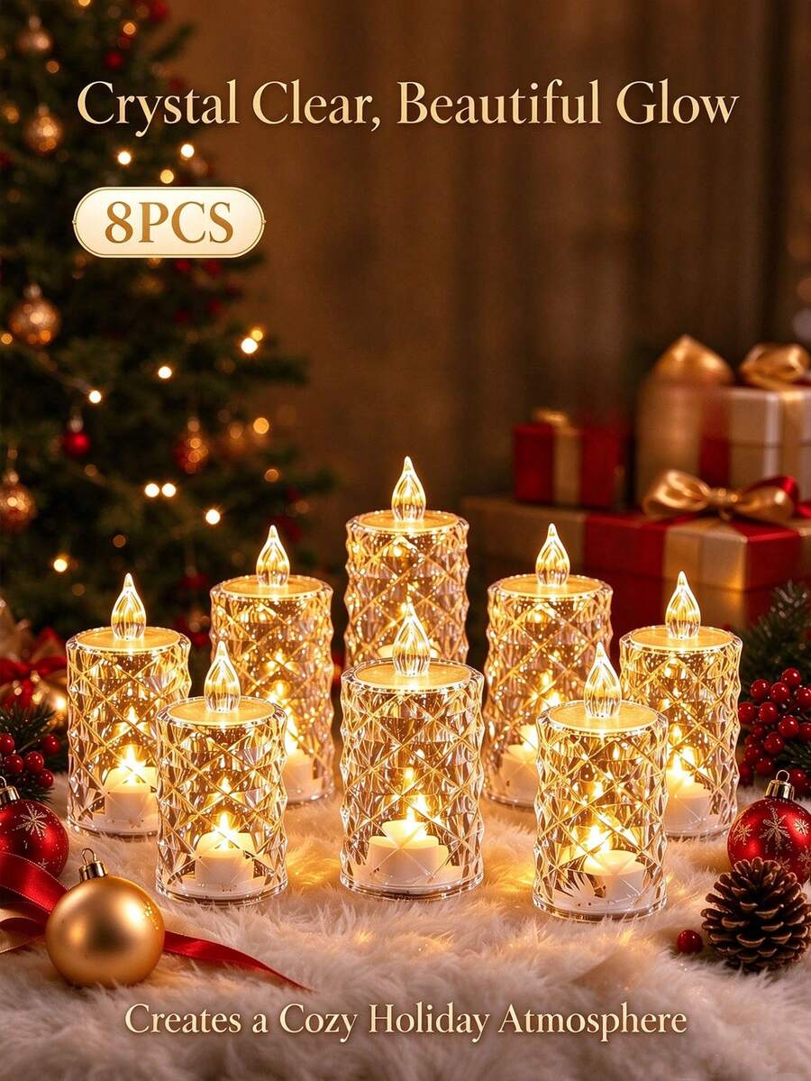 8pcs Crystal LED Flameless Tea Light Candles, Warm White Battery Operated Realistic Candles, Diamond Cut Transparent Design, Suitable For Christmas Decoration, Wedding Table Centerpiece, Halloween, Party Table Decor And Home Atmosphere Lighting - 8-pack Candles - View 1