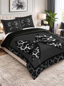 3pcs Black & Gray Leopard Print Bow Pattern Duvet Cover Set (1 Duvet Cover + 2 Pillowcases, No Fill), Soft & Breathable Fabric, Machine Washable, Suitable For All Seasons, Bedroom And Guest Room Bedding Decor - Multicolor - View 7