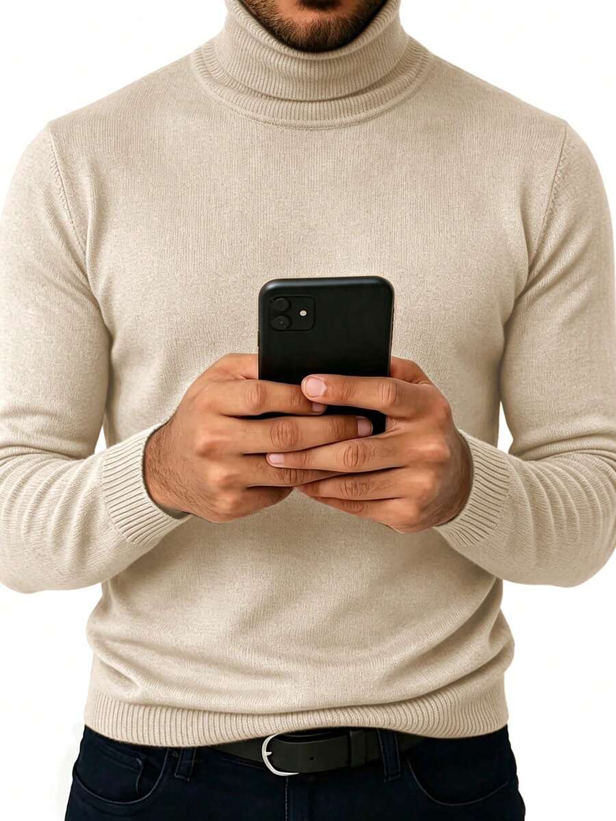 男士極簡時尚長袖高領毛衣,適合日常穿著 - 卡其色 - 查看 1