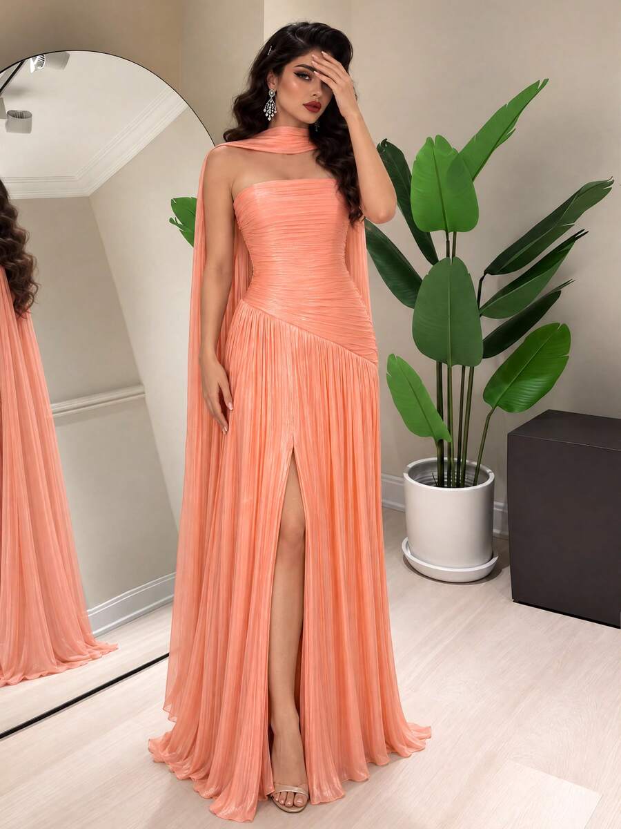 UNITHORSE Bridesmaid Strapless Backless Slit Design Elegant Waist-Cinched Formal Evening Gown Dress - Coral Orange - View 1