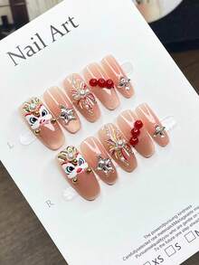 Handmade Chinese New Year Lion Dance Press On Nails, Nude Champagne Cat Eye Base, 3D Hand-Painted Lion Head, Firework Pearl Rhinestone Red Bead Decor Reusable False Nails - Apricot - View 4