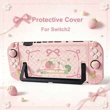 Strawberry Hard Protective Case Compatible With Switch 2, Slim Separable Soft Silicone Cover Shell For Joy-Con With 2 Thumb Grip Caps For Switch 2025 Game Console & Joystick (Pink) - View 1