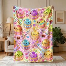 C Cute Cartoon Dumpling Bamboo Steamer Print Flannel Throw Blanket, Colorful Checkered Heart Flower Pattern Soft Warm Blanket, Food Lover Gift, Sofa Bed Home Decor - Multicolor - View 7