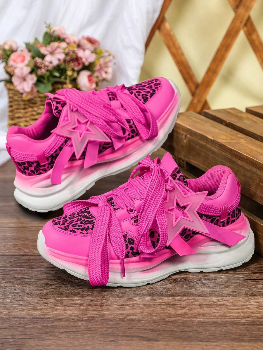 Men's Fashion Wedge Thick Sole Athletic Shoes, Low-Top Couple Walking Shoes, Durable Shock-Absorbing, Suitable For Commuting - Leopard Print Fuchsia Pink - View 1