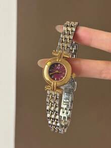 雙色女款腕錶，配備圓形深紅色錶盤與羅馬數字刻度，極簡復古風，適合搭配任何穿著 - 銀間金 - 查看 1