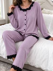 2pcs/Set Autumn/Winter Women's Ribbed Fleece Pajama Set, Casual Round Neck Long Sleeve Cardigan And Pants, Lace Collar Design, Ribbed Brushed Fabric, Elegant And Comfortable Wearable Sleepwear Loungewear Set - Mauve Purple - View 1