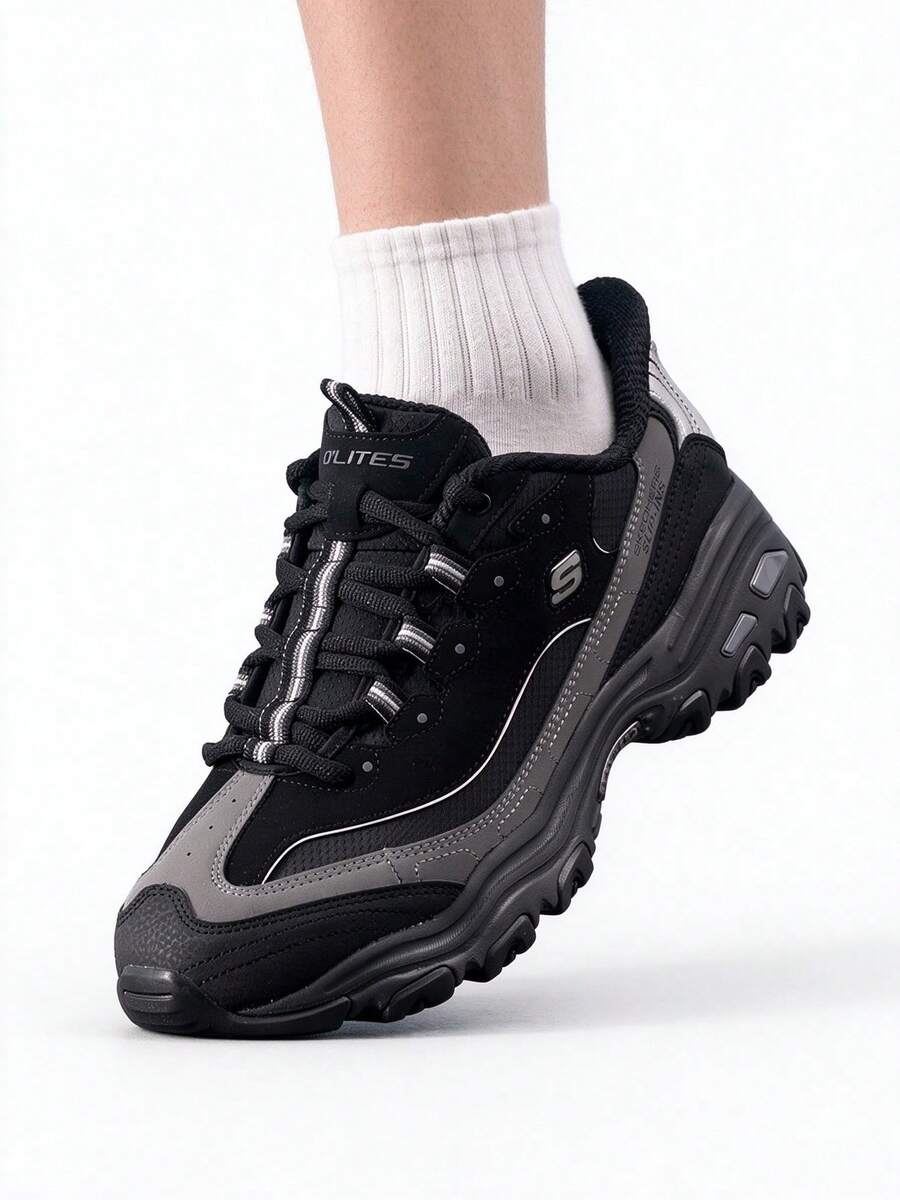 Skechers D'LITES 男士增高老爹鞋 波浪厚底 通勤逛街運動休閒鞋 - 黑色 - 查看 1