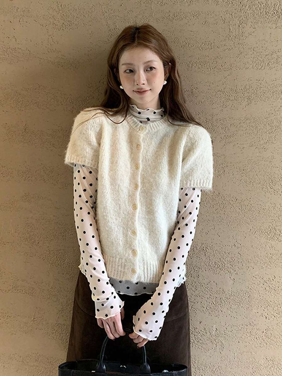 Women's Knitted Cardigan Autumn Outfit New Short Sleeve Slim Fit Korean Style Flattering Sweater Jacket - Apricot - View 1