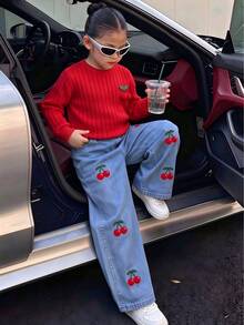 2pcs/Set Girls Casual Cherry Long Sleeve Ribbed Pullover + Cherry Embroidered Denim Pants Set, Cute Cherry Outfit For Girls, Suitable For Autumn/Winter Daily And Outdoor Wear - Red - View 1