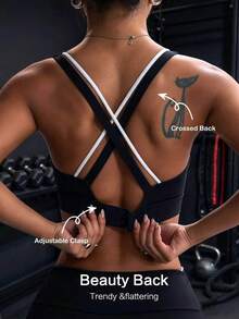 Women's Black & White Patchwork Criss-Cross Back Clasp Knit Sports Bra Spring Fall - Black and White - View 8