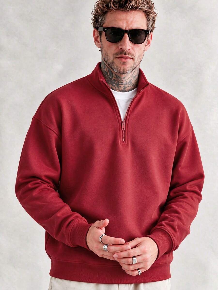 Men's Casual Solid Color Stand Collar Sweatshirt, Versatile For Autumn/Winter