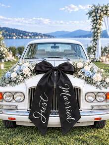 Personalized Large Car Bow For Newlyweds, Custom Text Wedding Car Decoration, White Satin Bride Front Car Bow, Just Married Bow - Multicolor - View 9