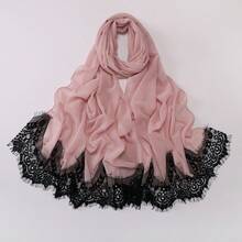 New Pearl Chiffon Double-Layered Lace Trim Long Scarf, Malay Veil - Pine Needle Green - View 3