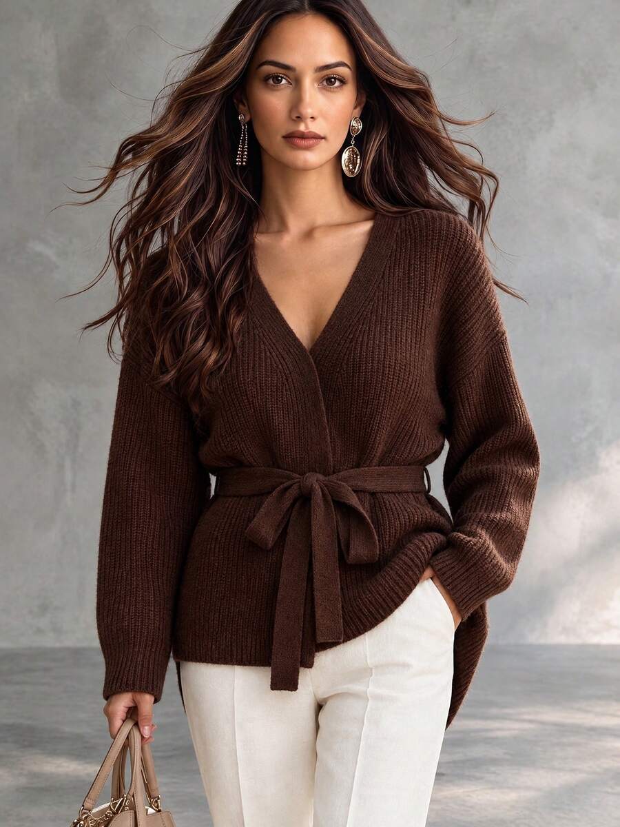 Plus Size Women's Round Neck Cable Knit Cardigan Sweater, Versatile Elegant Daily Commute, Autumn/Winter - Coffee Brown - View 1