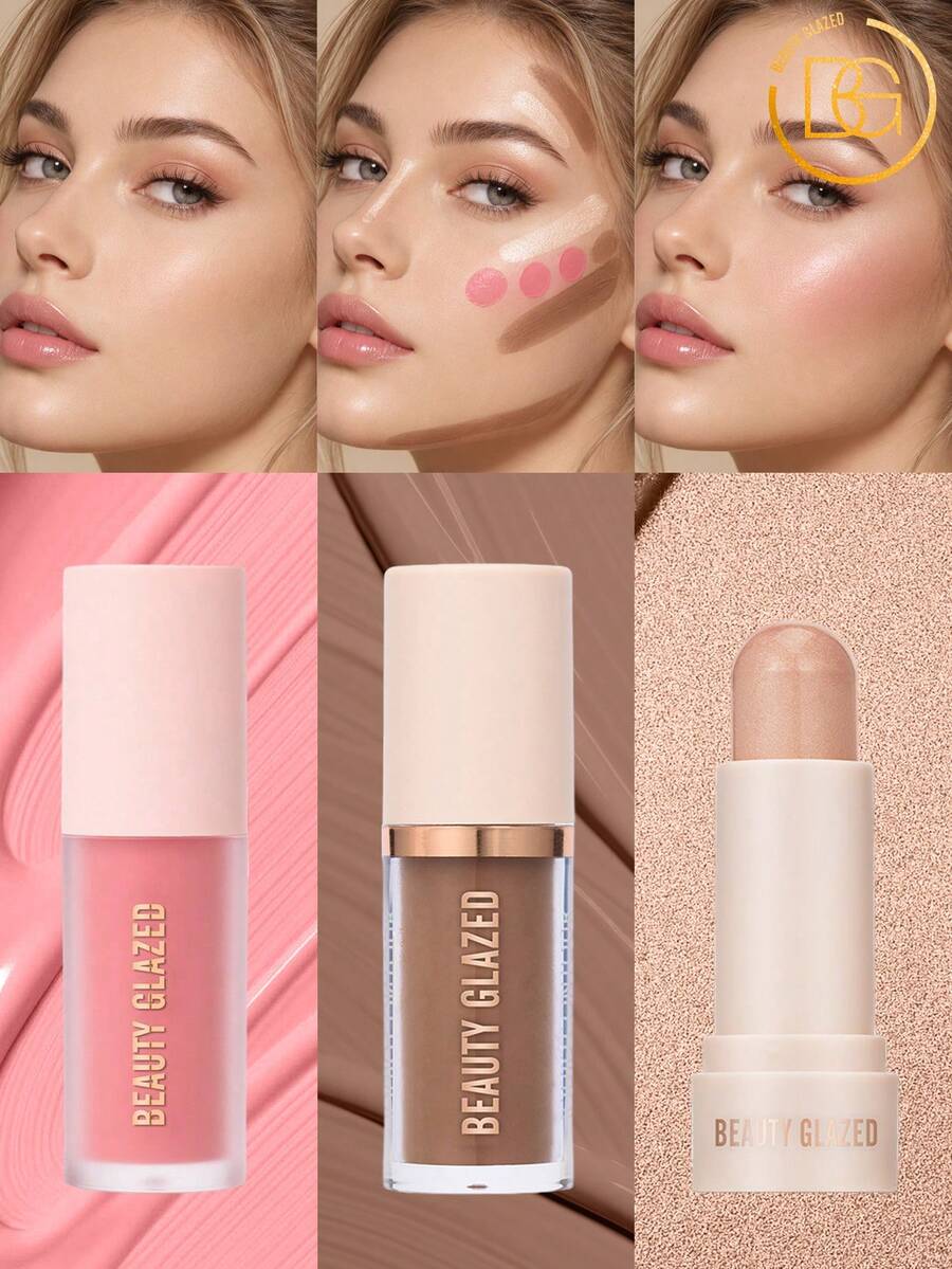 beauty glazed 3-Piece Makeup Set: 1 Blush + 1 Contour + 1 Highlighter Stick, Soft Liquid Blush, Multi-Use 3D Sculpting Liquid Contour And Illuminating Highlighter Stick, Waterproof, Long-Lasting, Smudge-Proof, Premium Makeup Set For Creating Natural And Exquisite Looks - B227#102+B208#101+B8891#101 - View 1