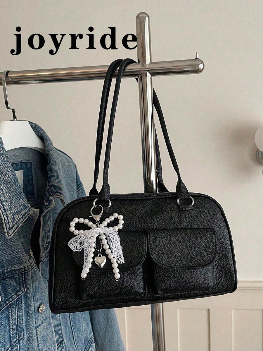 1pc Minimalist Vintage Zipper Shoulder Bag With Pocket Decoration, Dual Handle Handbag, Suitable For Women's Daily Casual Commute Use - Black - View 1