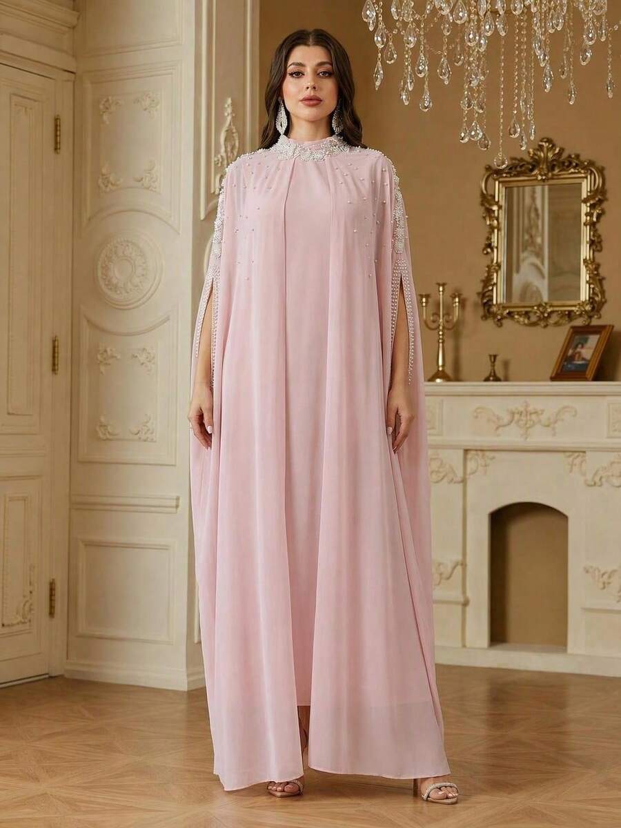 Solessence Women's Stand Collar Solid Color 2 In 1 Splicing Open Front Chiffon Dress With Embroidery, Sequins & Beading Decorations - Pink - View 1