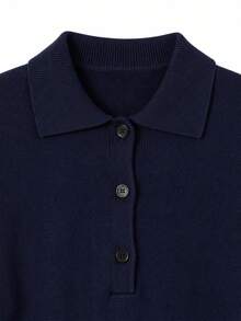 JustMiss Women's Long Sleeve Casual Daily Korean Style Thick Knit Sweater, Autumn/Winter POLO Collar Half-Button Top - Navy Blue - View 8