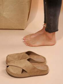 Women's Casual Daily Closed-Toe Flat Slide Sandals, Spring/Autumn Flat Shoes, Soft Sole Non-Slip Closed-Toe Half-Slide, Commute Slouchy Wear Mule Boken Sandals - Khaki - View 5