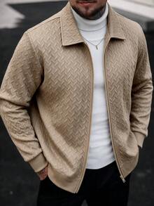 3D Herringbone Wheat Jacquard Lapel Full Zip Long Sleeve Sweatshirt Sweatshirt Men's Versatile Casual Jacket - Khaki - View 1
