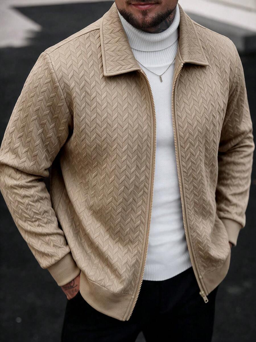 3D Herringbone Wheat Jacquard Lapel Full Zip Long Sleeve Sweatshirt Sweatshirt Men's Versatile Casual Jacket - Khaki - View 1