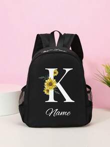 1pc Customizable Minimalist Black Backpack, A-Z 26 Letters White Daisy Pattern, With Zipper Closure And Adjustable Shoulder Straps, Durable And Long-Lasting, Perfect For Daily Use, School And Travel, Ideal Birthday Gift, Christmas Gift - Black - View 25