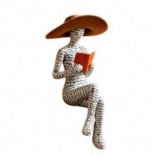 1pc Artistic Wooden Abstract Figure Reading Decor, Black & White Text Texture Hat-Wearing Book-Reading Desktop Ornament, Vintage Style Study/Entryway Premium Decor, Niche Creative Atmosphere Gift For Book-Loving Friends - Reader - View 3