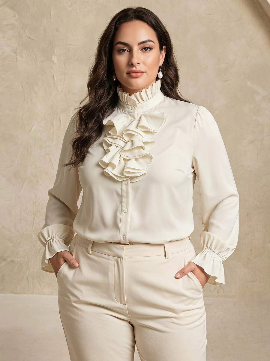Voworia Women's Casual Elegant Button-Front Long Sleeve Shirt, Solid Color With Pleated Ruffle/Frill Tie Detail White - White - View 1
