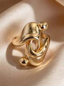 Copper Alloy Abstract Twisted Open Ring, Gold Tone Asymmetrical Curved Adjustable Finger Ring, Statement Jewelry For Women - Geometric Knot - View 4