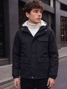 Boys' Teen Black Hooded Cargo Jacket, Loose Fit Thick Warm Padded Coat - Black - View 5