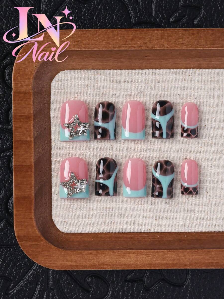 10pcs/Set Y2K Handmade Press On Nails, Pink & Turquoise French Tip With Leopard Print & Rhinestone Star Charms, Glossy Short Square Fake Nails, Fall Winter Vacation, Parties, Daily Wear, Christmas Gifts For Women - Multicolor - View 1