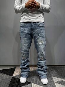 Men's Denim Jeans, Flared Jeans, Bell Bottom Jeans, Slim Fit Pants, Distressed Flared Jeans, Patchwork Flared Pants, Washed Denim Jeans, Y2K Stacked Pants, Contrast Wash Patchwork Embroidery, All Season Wear - Blue - View 2