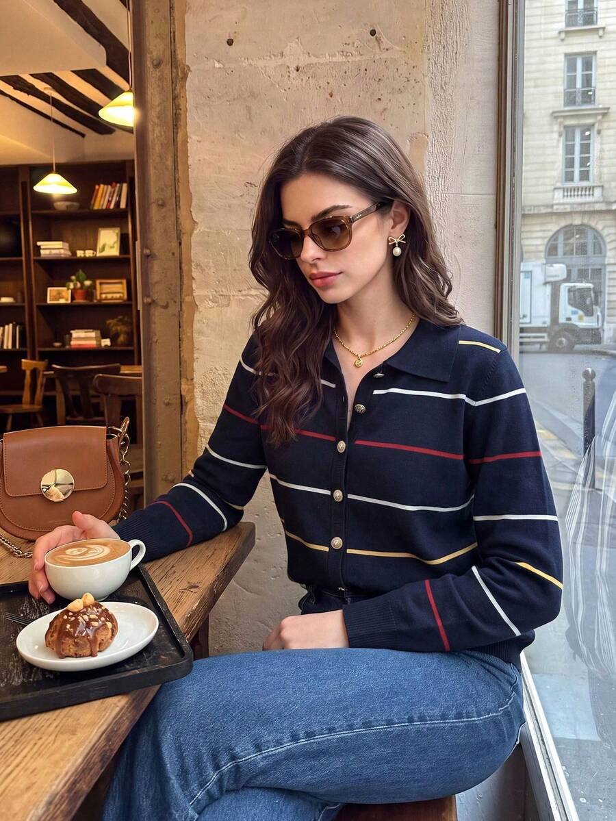 2026 Autumn Navy Blue Striped Polo Collar Knit Cardigan, Single-Breasted Metal Buttons, Slim Fit Short Length, Commute Daily Versatile, Can Be Worn Alone Or Layered, Full Of Atmosphere - Navy Blue - View 1