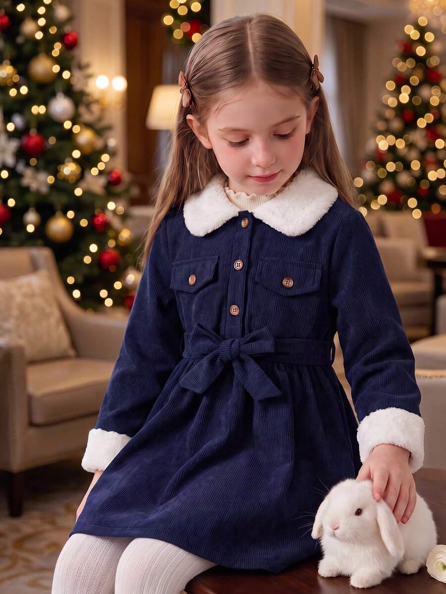 Girls' Autumn/Winter Fashion Ruffle Collar Long Sleeve Dress, Children's Princess Dress, Fashion Autumn/Winter Girls' Dress With Belt, Suitable For Daily Wear And Outdoor Activities - Navy Blue - View 1