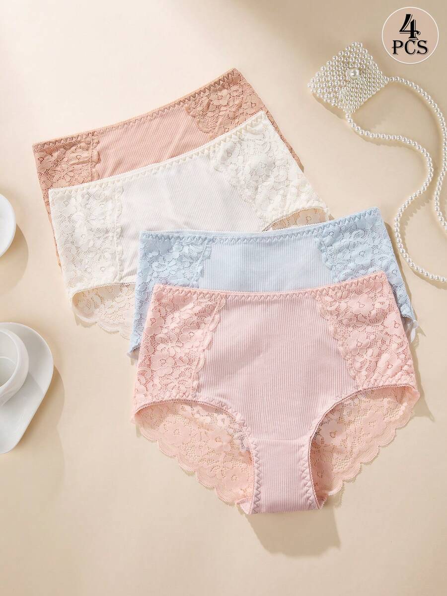 Aofeiqike Women's 4pcs Mid-Waist Wavy Edge Floral Lace Panties, Macaron Multi-Color Mid-Coverage Soft Daily Underwear Set - Multicolor - View 1