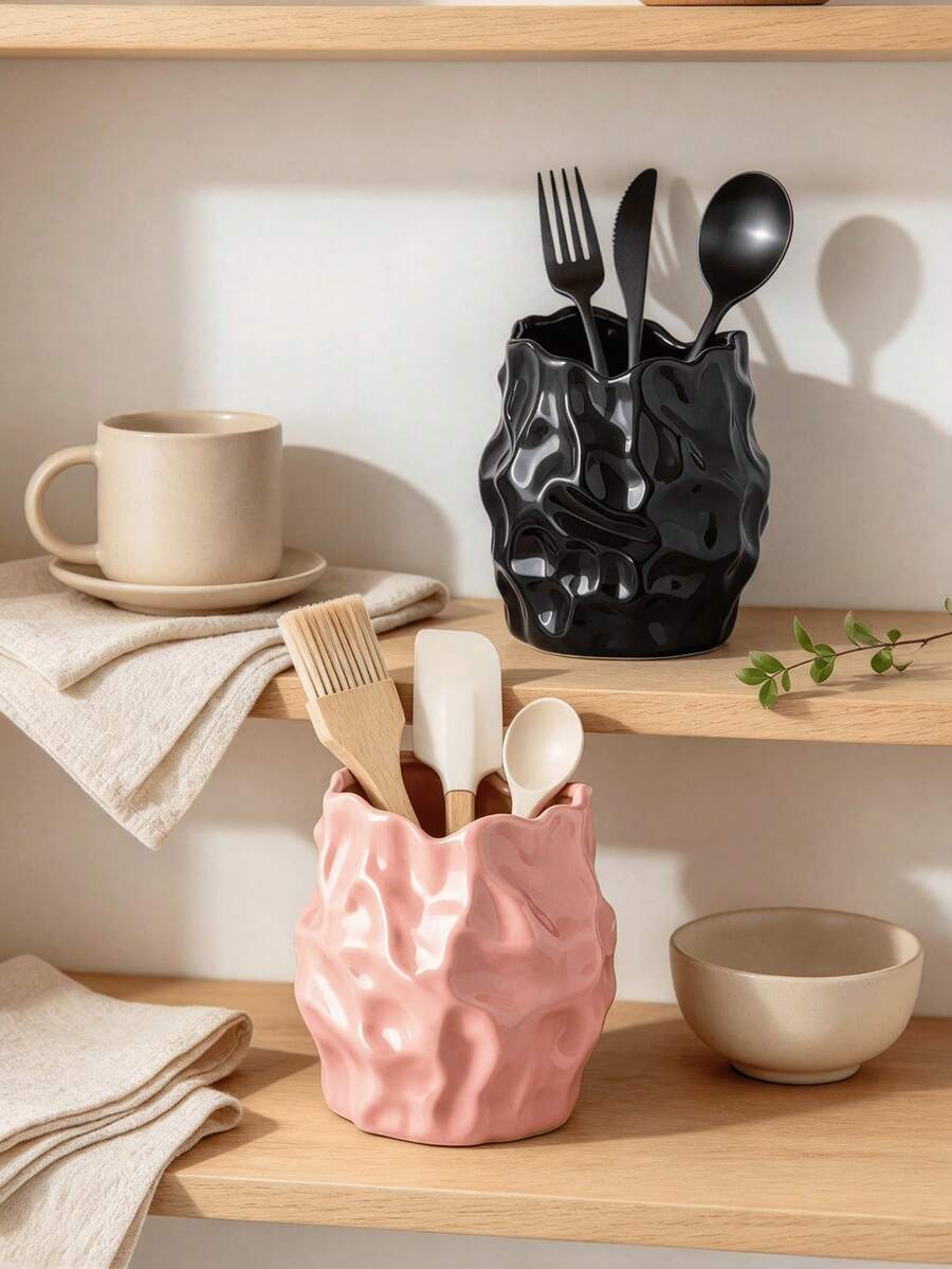 Pink Wavy Tableware Storage Rack Decorative Kitchen Organizer Holder For Spatula, Spoon, Fork, Chopsticks Minimalist Aesthetic Countertop Storage Basket Dining Room Use Cute Asymmetrical Vase Style Display Stand Single Piece Home Decor Ornament - Multicolor - View 1
