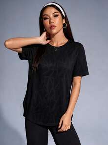 1pc Mesh Patchwork Design Sports T-Shirt, Loose Fit, Comfortable Fabric, Back Mesh Patchwork Design, Geometric Jacquard Fabric, Suitable For Running, Fitness, Yoga, Pilates And Other Activities - Black - View 4