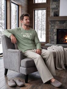 Men's Summer Round Neck Casual Long Sleeve T-Shirt And Casual Long Pants Loungewear Set - Olive Green - View 2