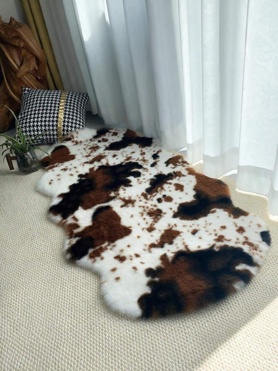1pc Faux Rabbit Fur Rug, Soft And Comfortable, Soft Plush Fuzzy, Brown Cow Print, Machine Washable, For Bedroom Living Room Sofa Couch Chair Cover Bedside, Luxury Modern Winter Christmas New Year Home Decor - Multicolor - View 1