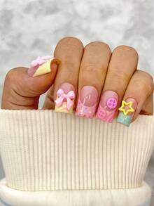 10pcs/Set Y2K Nails Handmade, Cute Nails, Pink Nails, French Tip Nails, 3D Button Nails & Stripe Nails, Stars Nails, Perfect For Parties & Daily Wear. Short Square Nails. Handmade Press On Nails Square, Fake Nails, Handmade Acrylic Nails, Fall Nails - Multicolor - View 3