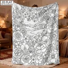 1pc DIY Coloring Flannel Blanket, Floral Country Landscape Line Art Throw Blanket, 2D Flat Not Embossed, Adult Coloring Blanket For Sofa Bed, Creative Art Activity Gift - Multicolor - View 11