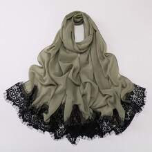 New Pearl Chiffon Double-Layered Lace Trim Long Scarf, Malay Veil - Pine Needle Green - View 4