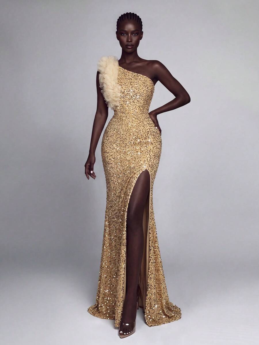 Elegant Women's Sequin Asymmetrical Neckline Long Formal Gown, Thigh-High Slit, Ruffle Shoulder Detail, Charming Evening Dress - Champagne - View 1